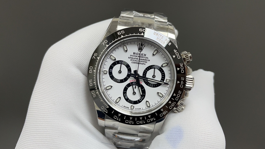 Rolex Daytona panda white glove upper front view