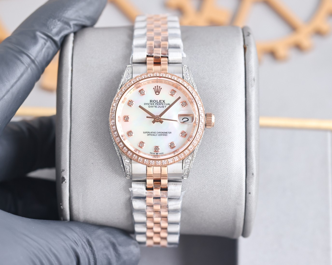 Rolex Datejust Women 31 mm 279381RBR Sundust Dial Watch Replica Diamonds bezel in hand front view