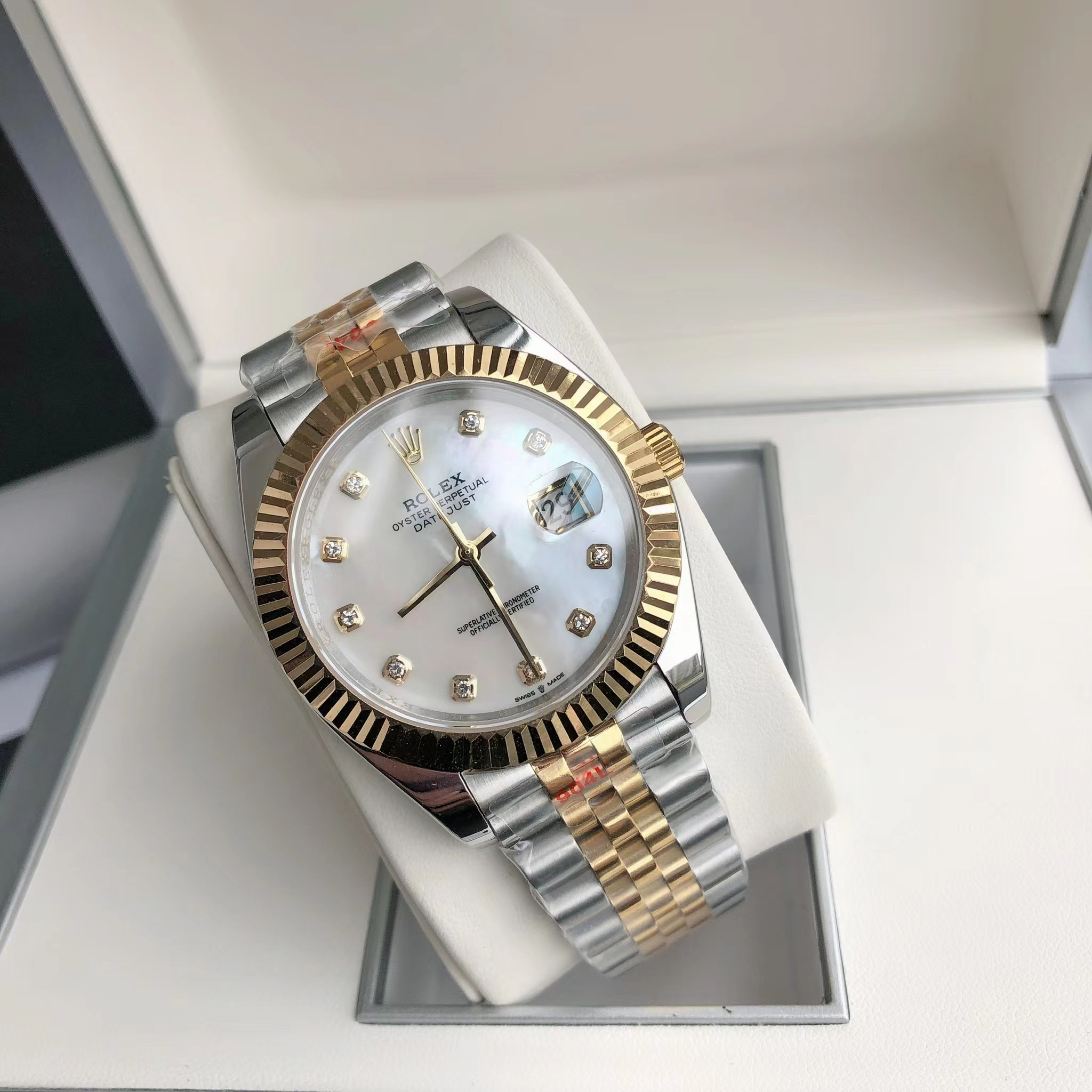 Rolex Datejust 31 mm White Dial M278273-0020 Silver Diamond Womens Watch Replica in white box front view