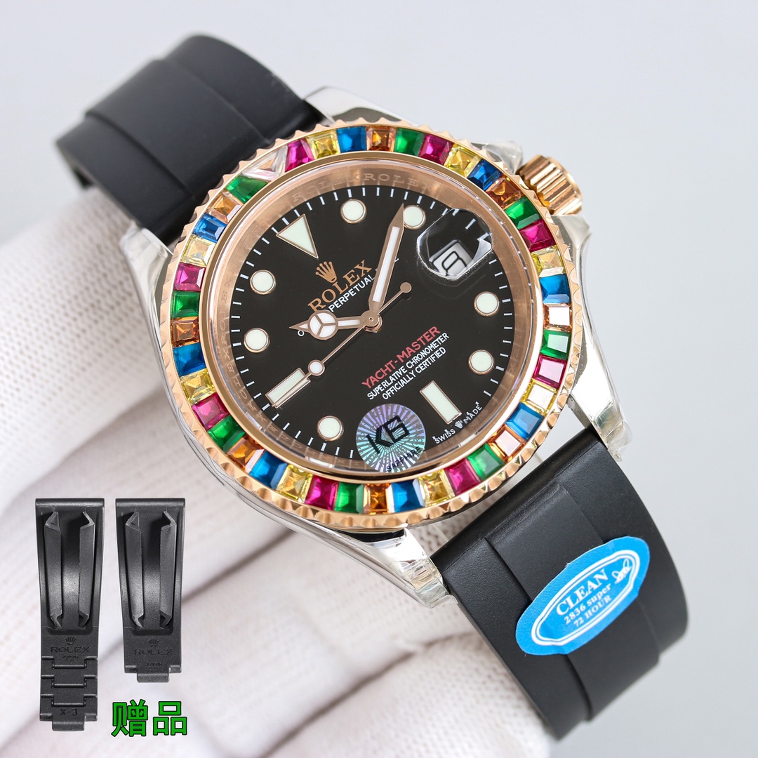 Rolex Yacht Master 40 mm Rainbow Diamond Bezel Rose Gold 116695SATS Watch Replica front view