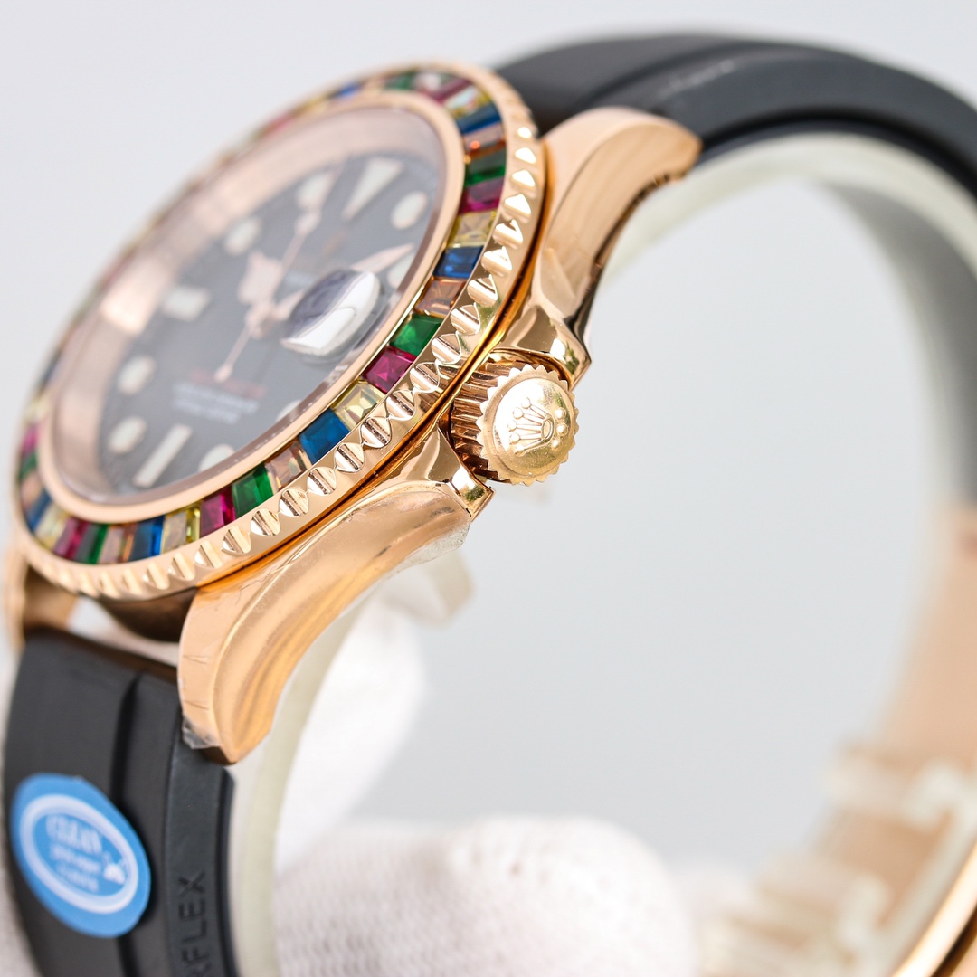 Rolex Yacht Master 40 mm Rainbow Diamond Bezel Rose Gold 116695SATS Watch Replica rolex logo control button side view 