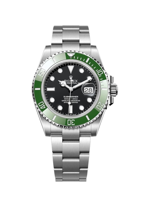 rolex submariner watch with green bezel and black dial oystersteel