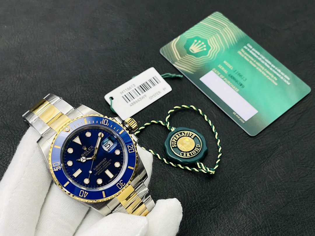 Rolex Submariner Blue Dial 40 MM 116613LB-0003 Men's Watch Replica and rolex card and gift in black background