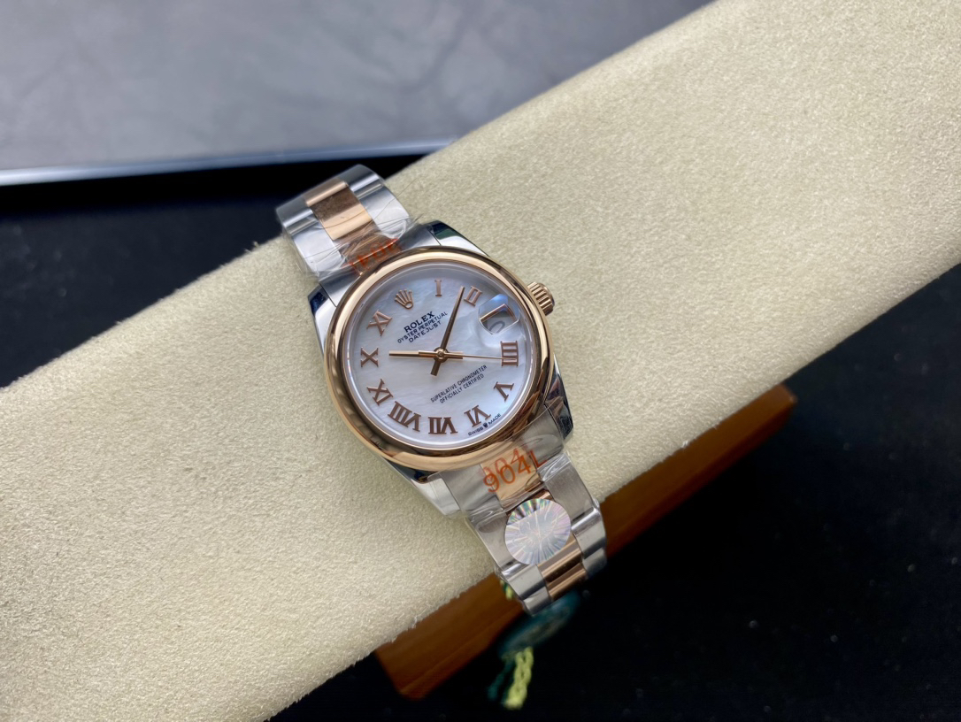 Rolex Day-Date 36 mm Everose Bezek White Gold 126334-0022 Roman Automatic Watch Replica in yellow background front view