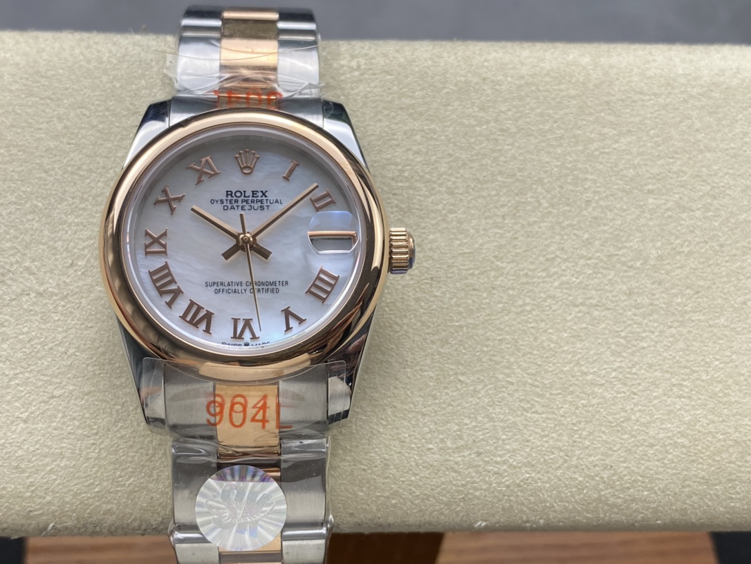 Rolex Day-Date 36 mm Everose Bezek White Gold 126334-0022 Roman Automatic Watch Replica in yellow background front view