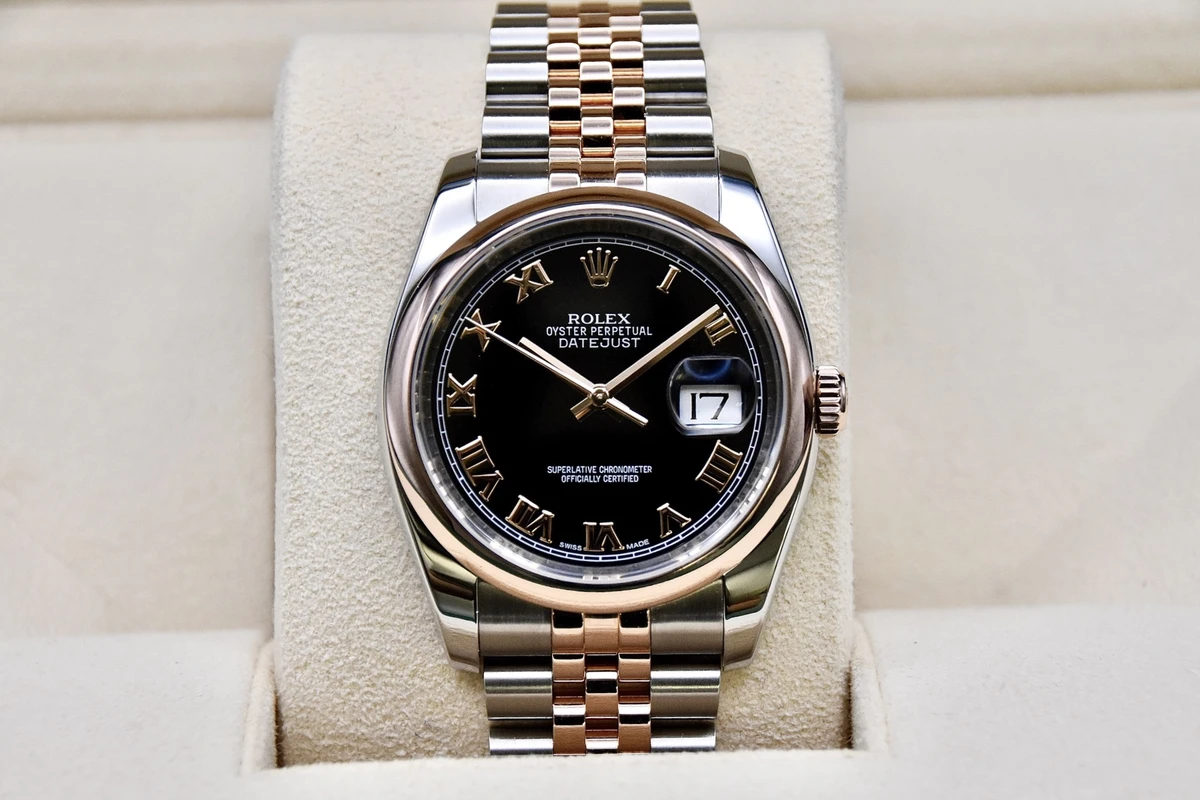 Rolex Datejust 36 mm Black Roman Dial Rose Gold 116201-72601 Watch Replica front view