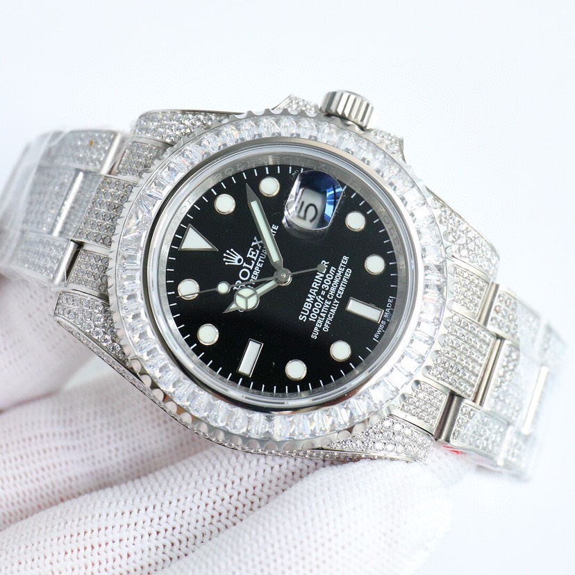 Rolex Iced Out Submariner Diamond Black Dial 40 MM 116613LB-0003 Men's Watch Replica in hand front view