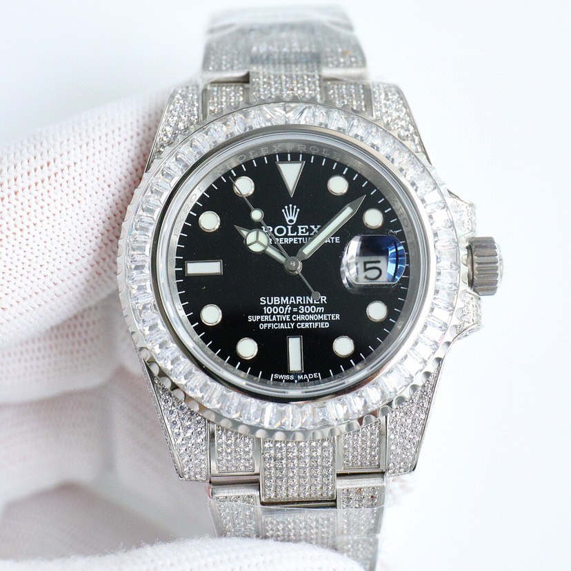 Rolex Iced Out Submariner Diamond Black Dial 40 MM 116613LB-0003 Men's Watch Replica in hand front view