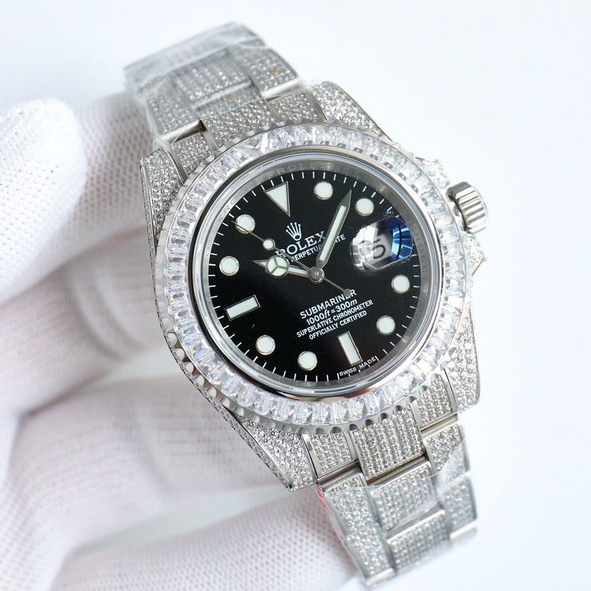 Rolex Iced Out Submariner Diamond Black Dial 40 MM 116613LB-0003 Men's Watch Replica in hand front view