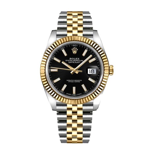 rolex perpetual datejust 36 smooth bezel and two tone bracelet and black dial watch