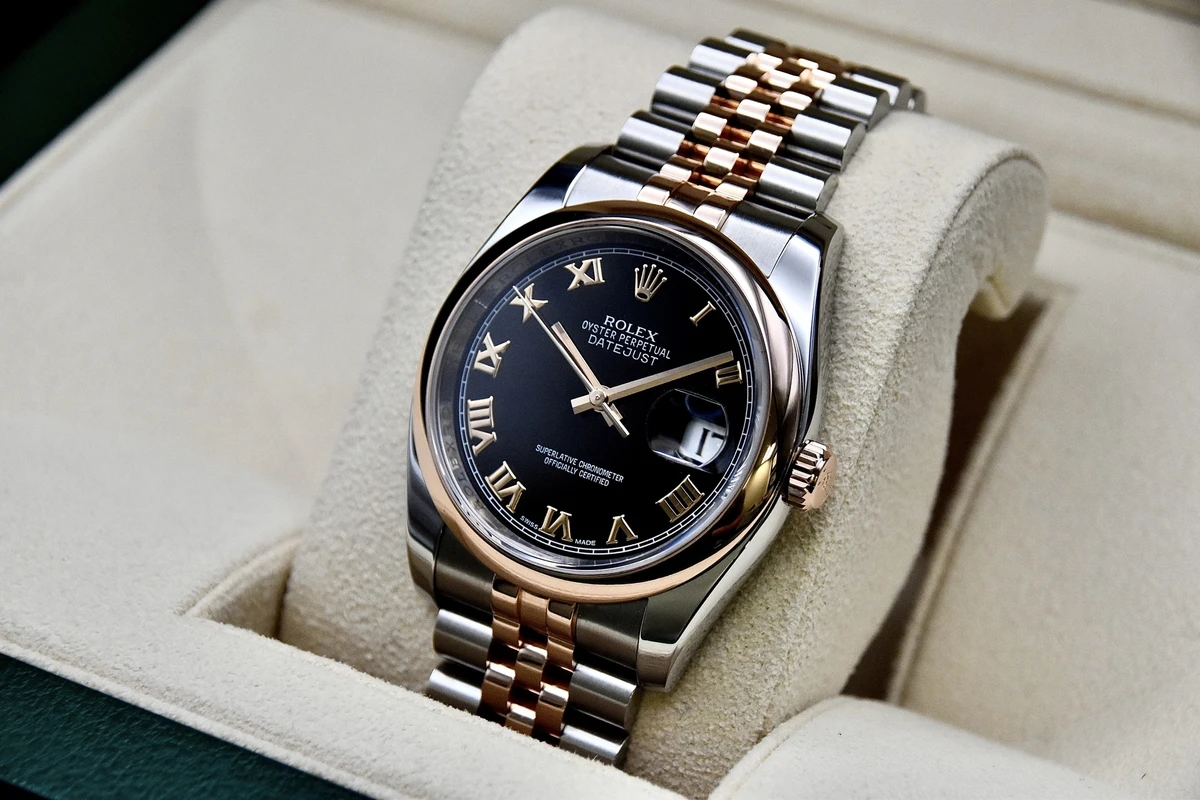 Rolex Datejust 36 mm Black Roman Dial Rose Gold 116201-72601 Watch Replica front view