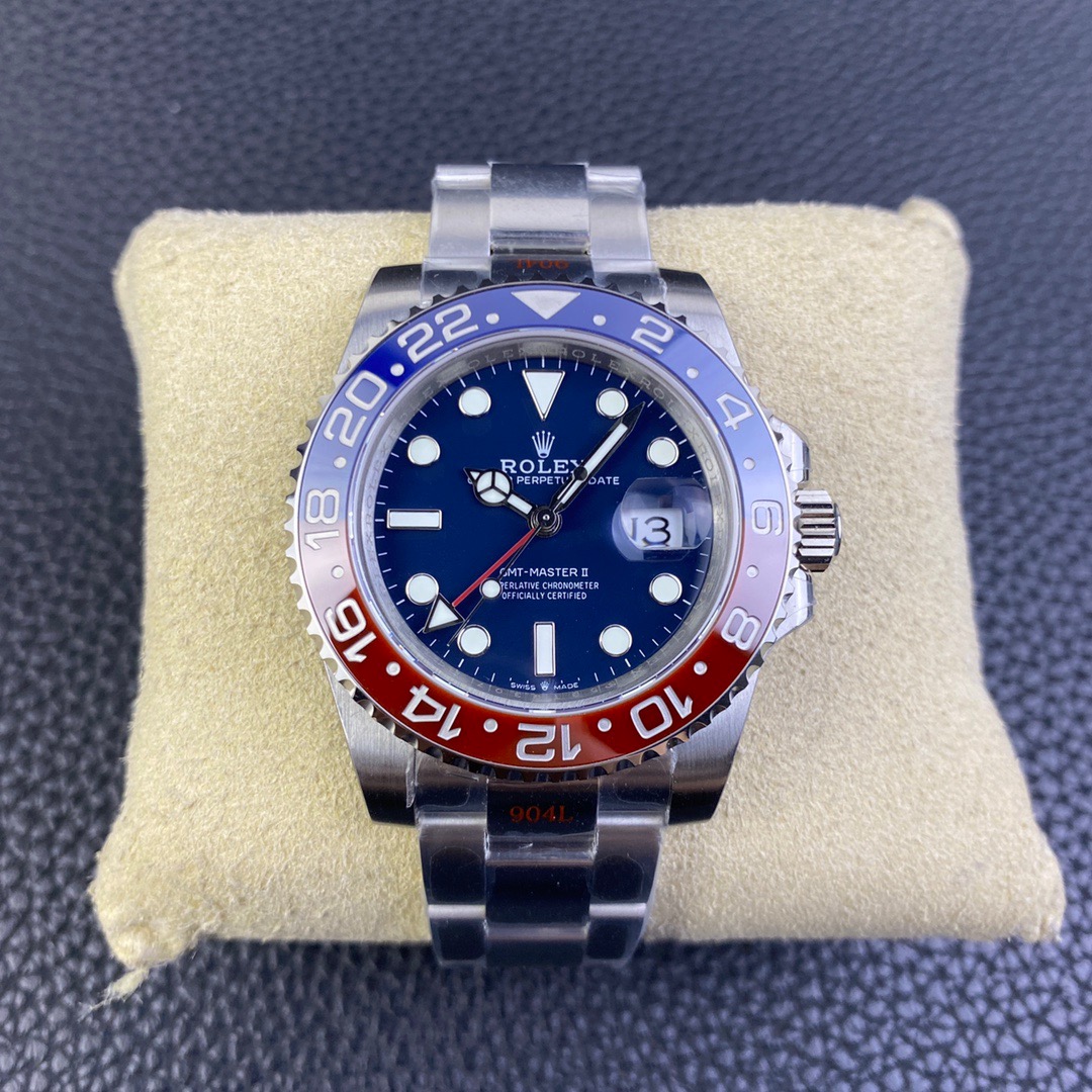 Rolex GMT-Master II Series m126710blro-0001 watch front view on yellow cotton bag