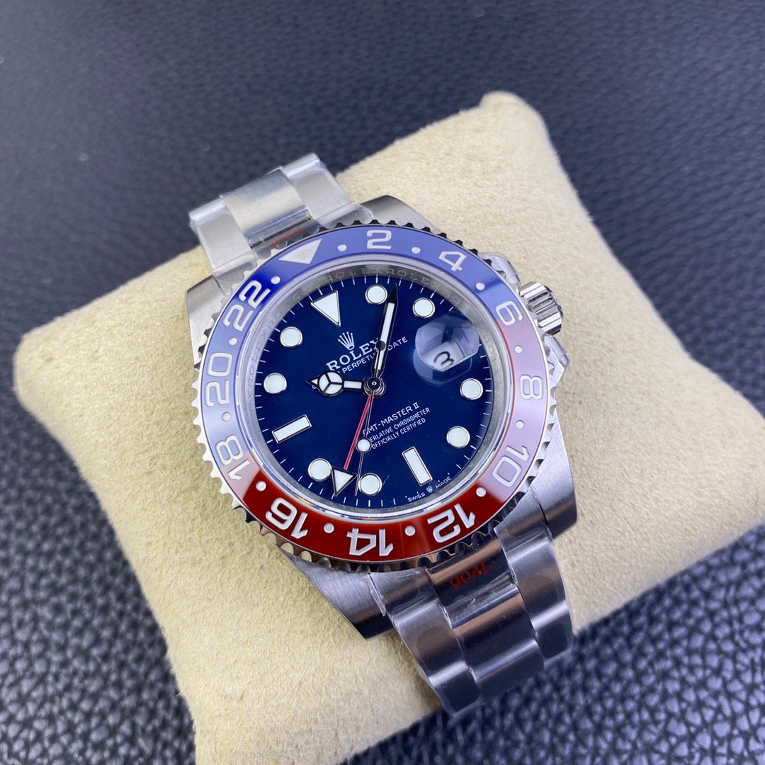 45° view of a Rolex GMT-Master II series m126710blro-0001 watch placed on a yellow cotton bag