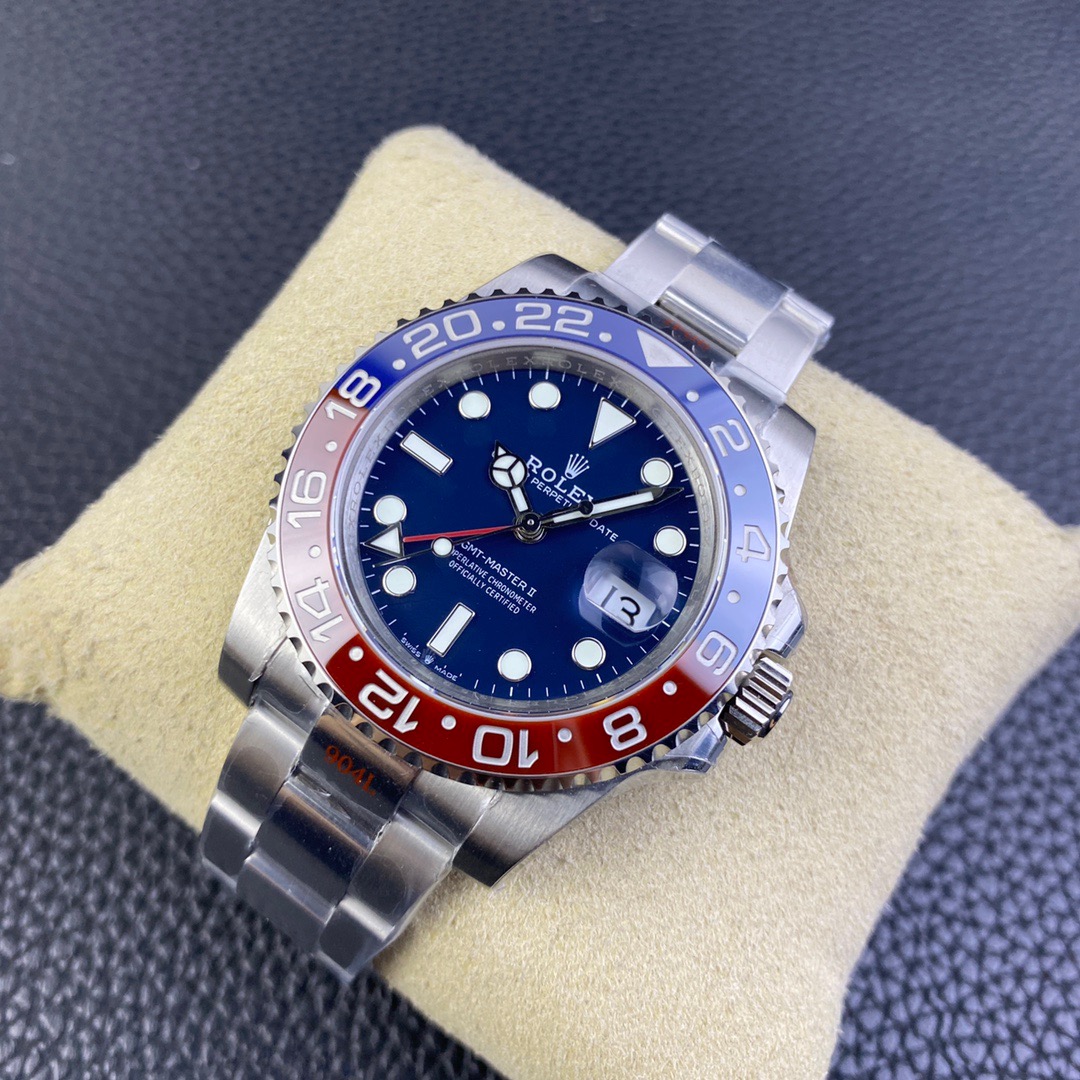 135° view of a Rolex GMT-Master II series m126710blro-0001 watch placed on a yellow cotton bag