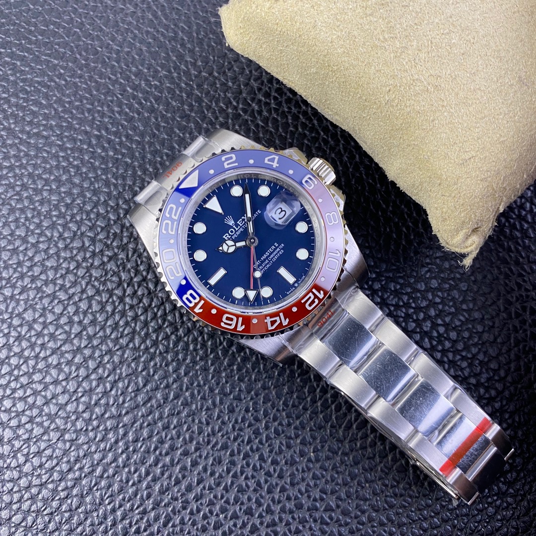 Rolex GMT-Master II Series m126710blro-0001 watch front view on yellow cotton bag