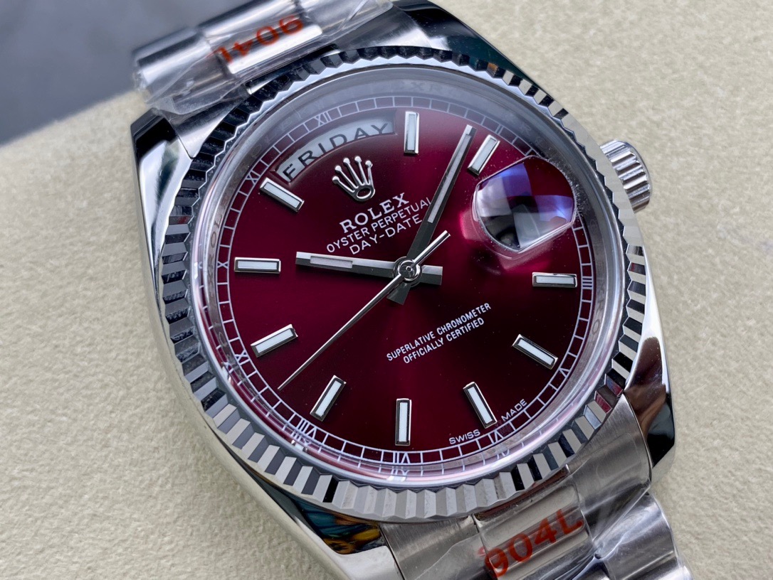 Rolex purple day-date 118239-0304 replica watch placed on a yellow cotton bag, front 45° display