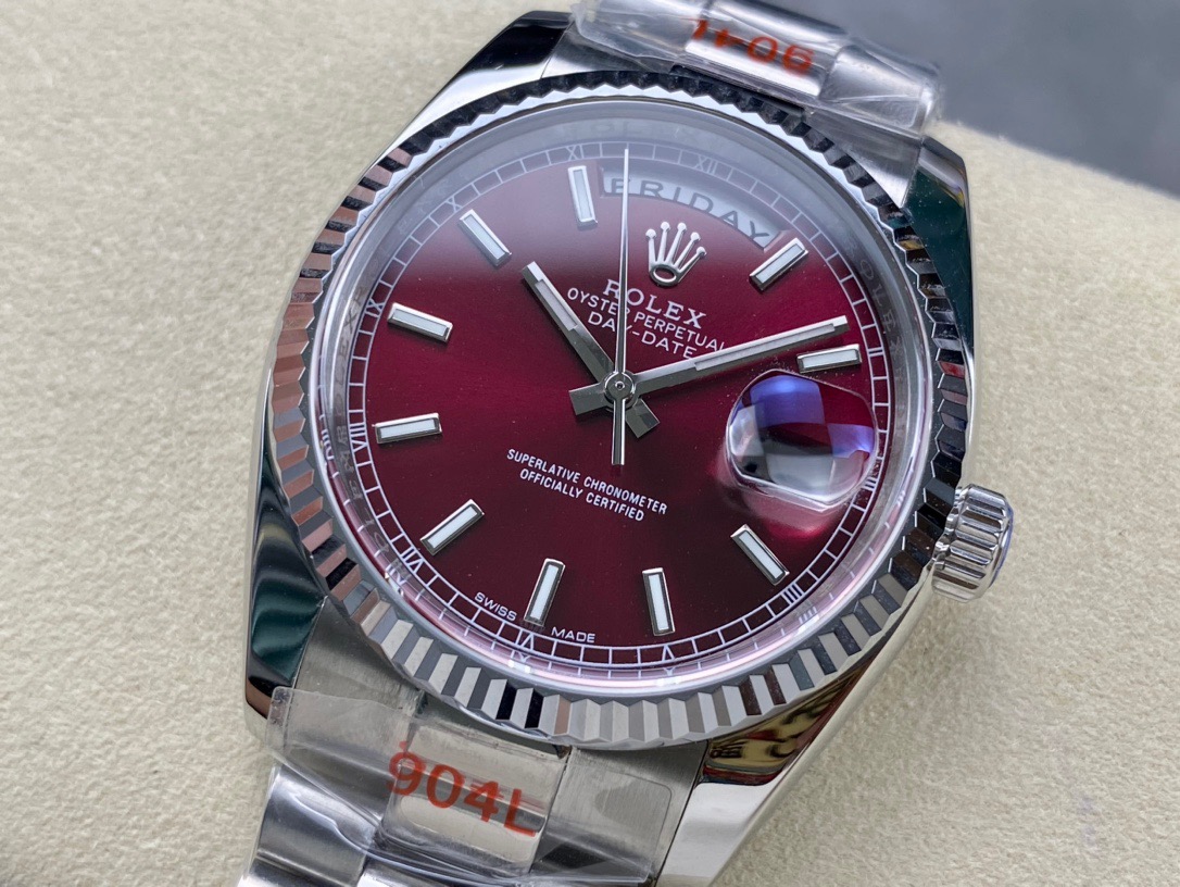 Rolex purple day-date 118239-0304 replica watch placed on a yellow cotton bag, front 135° display